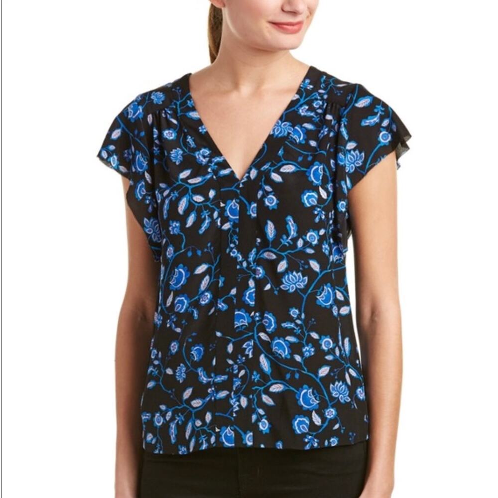 Rebecca Taylor Kyoto Floral Silk Flutter Sleeve Top Black Blue 0